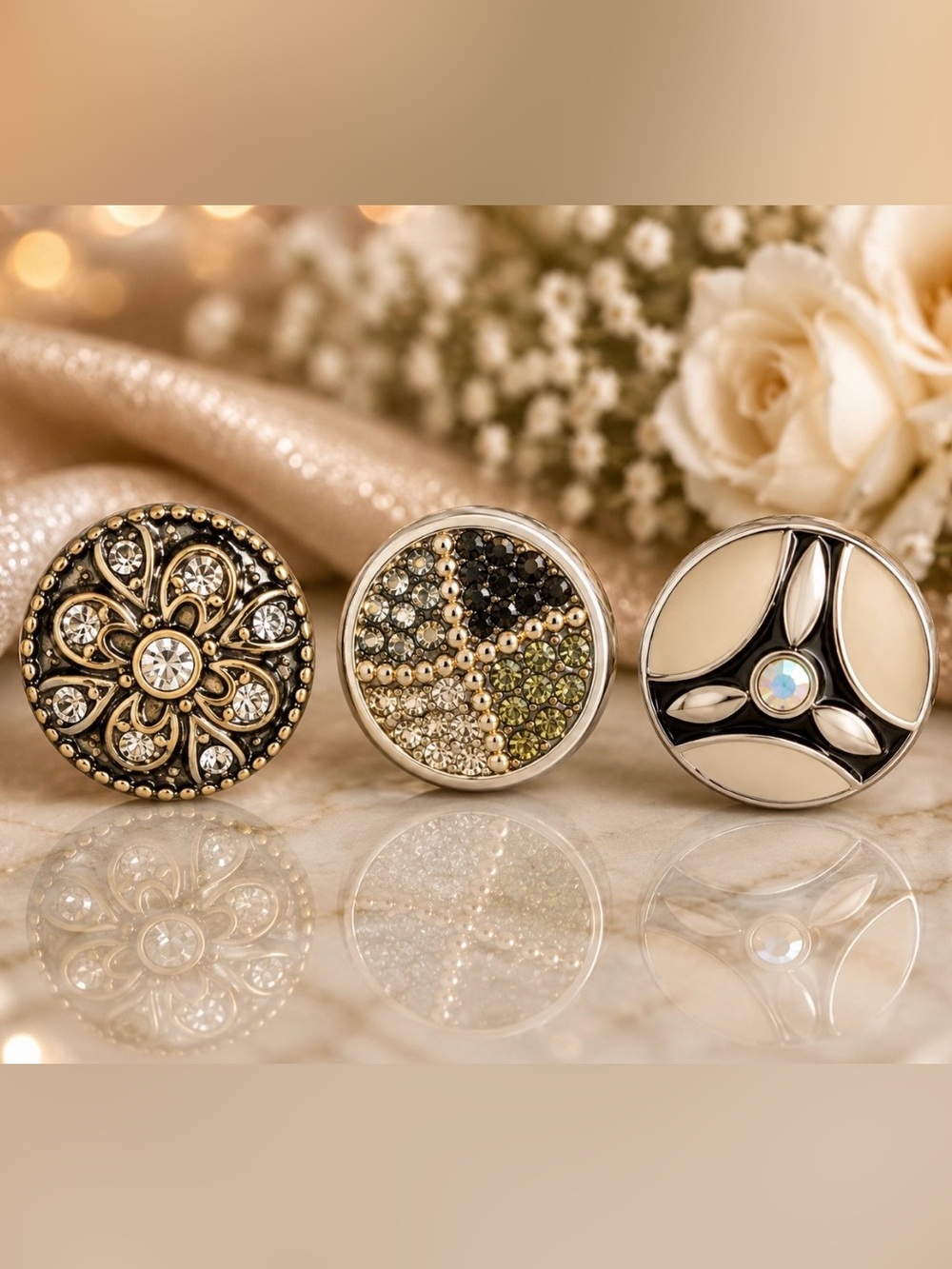 3 Decorative Original Dots- Gold, Silver, Crystal Accents